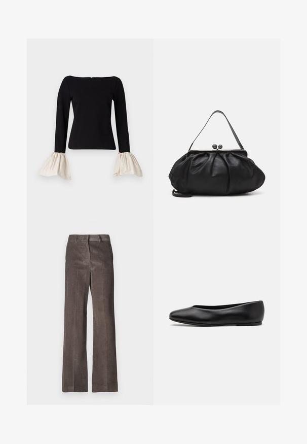 Sort top med lange ærmer og kræmfarvede, samlede klokkeærmer. Har en bådhalsudskæring og en lynlås lukning bagpå.; Brune corduroy bukser med lige ben-design, vertikal ribbet tekstur og en standard talje med bæltesløjfer.; Paul Smith TOPANGA - Ballerinasko - black; Sort læderpung med et rundt, plisseret design. Har en metalspænde med to dekorative kugler og et slankt, aftageligt rem.