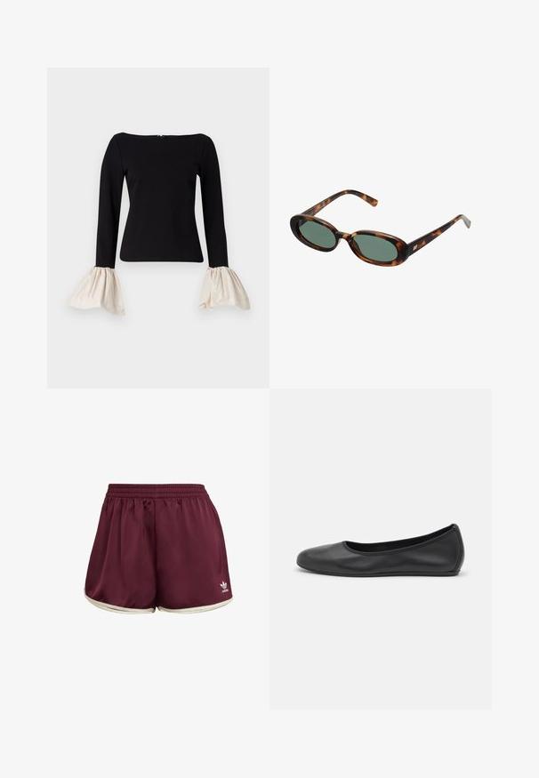 Svart topp med långa ärmar och krämfärgade, samlade klockärmar. Har en båt-uddsringning och en dragkedjeförslutning bak.; adidas Originals SPRINTER - Shorts - maroon cream white; Svart läderballerinaskor med rund tå, slät yta, minimala söm detaljer och en flexibel sula.; Sköldpaddsmönstrade solglasögon med ovala bågar och gröna linser. Har tunna skalmar med en metallisk detalj vid gångjärnen.