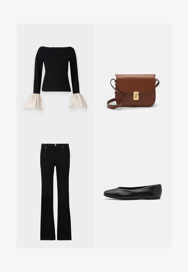 Black top with long sleeves and cream-colored, gathered bell cuffs. Features a boat neckline and a zipper closure at the back.; Black flared jeans made of denim, featuring two front pockets, a button closure, and a smooth texture. Signature stitching visible at seams.; Paul Smith TOPANGA - Ballet pumps - black; Brown leather handbag with a flap closure, gold-tone hardware, a shoulder strap, and a smooth texture. Compact rectangular shape.