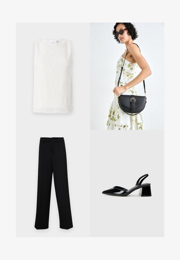 Valge ilma varrukateta top, millel on tekstuuriga kangas, lainelised mustrid ja augulised aktsendid. Ümmargune kaelus ja viimistletud äär dekoratiivse äärega.; Musta laiad püksid siledast kangast, millel on klassikaline vöökoht, nööbiga sulgemine ja ees voldid.; Mustad musta lakknahk kingad, millel on terav varvas ja geomeetriline plokkkonts. Omab elegantselt minimalistlikku disaini ja sujuvat tekstuuri.; Mustmust mustraha kõverate joontega, eemaldatava rihmaga ja kuldsete detailidega. Kotil on klapp, millel on pandladetail.