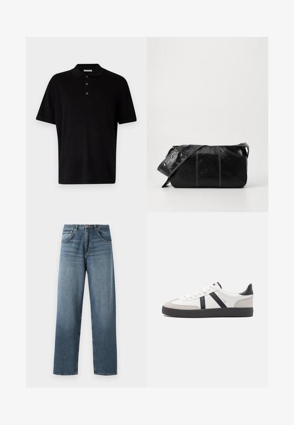 Juodas polo marškinėlis pagamintas iš minkštos medžiagos, turintis klasikinius apykaklę, tris mygtukus ir trumpas rankoves, sukurtas su įprastu tinkamu.; Tiesi blue džinsai su tiesiomis kojomis, turintys nublukusią apdailą, su penkių kišenių dizainu, metaline saga ir diržo kilpomis. Tvirto vidutinio svorio audinys.; Balti sportbačiai su juodais ir pilkais akcentais, pasižymintys tekstūruotu pilku pirštų dangteliu, juoda gumine padais ir plokščiomis baltomis raišteliais. Švarus dizainas, minimalistinis stilius.; Juodas odinis pečių krepšys su užtrauktuku, turintis tekstūruotą paviršių, baltą siuvinėjimą ir dirželį su sidabinėmis metalinėmis detalėmis.