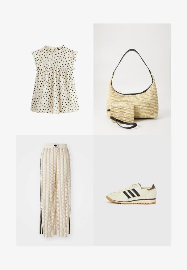 Katoenen jurk met korte, gerimpelde mouwen, crèmekleurige basis en verspreide zwarte stippen. Gepofte taille creëert een uitlopende vorm.; Crème kleurige wijde broek met een zigzagpatroon, met een zwarte logo tailleband en zij zwarte strepen. Lichtgewicht, gestructureerde stof.; Witte sneaker met zwarte strepen, leren bovenwerk, rubberen zool en beige accenten. Heeft een klassiek veterdesign en een getextureerde tong.; Geweven strohandtas met een gebogen silhouet, voorzien van een soepele zwarte leren schouderband en een bijpassend klein zakje dat is bevestigd met een polsband.