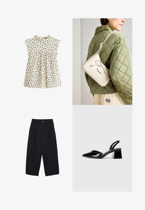 Baumwollkleid mit kurzen, rüschierten Ärmeln, cremefarbener Basis und verstreuten schwarzen Punkte. Der geraffte Taillenschnitt sorgt für eine ausgestellte Form.; Schwarze Polyester-Culotte mit einem elastischen Bund, zwei vorderen Falten und einer lockeren Silhouette. Keine sichtbaren Muster oder Hardware-Details.; Schwarze Lackleder-Slingback-High Heels mit spitzem Schuh und einem geometrischen Blockabsatz. Verfügt über ein schlankes, minimalistisches Design und eine glatte Textur.; Beige Leder Crossbody-Tasche mit einer Schleifendetail, goldenen Beschlägen und einem verstellbaren Tragegurt, getragen über einer grünen Steppjacke.