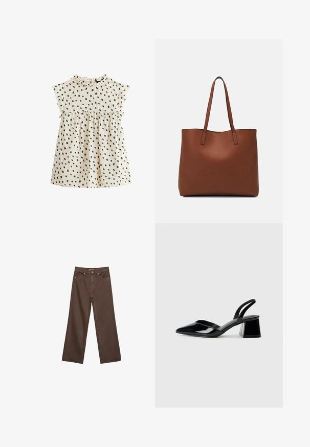 Baumwollkleid mit kurzen, rüschierten Ärmeln, cremefarbener Basis und verstreuten schwarzen Punkte. Der geraffte Taillenschnitt sorgt für eine ausgestellte Form.; Weite braune Jeans aus Denim, mit hoher Taille, Fronttaschen und klassischem Knopfverschluss. Glatte Textur mit feinen Nähten.; Schwarze Lackleder-Slingback-High Heels mit spitzem Schuh und einem geometrischen Blockabsatz. Verfügt über ein schlankes, minimalistisches Design und eine glatte Textur.; Braune Leder-Tote mit glatter Textur, offenem Oberteil und zwei Schulterriemen. Verfügt über minimale Nähte und keine sichtbaren Beschläge.