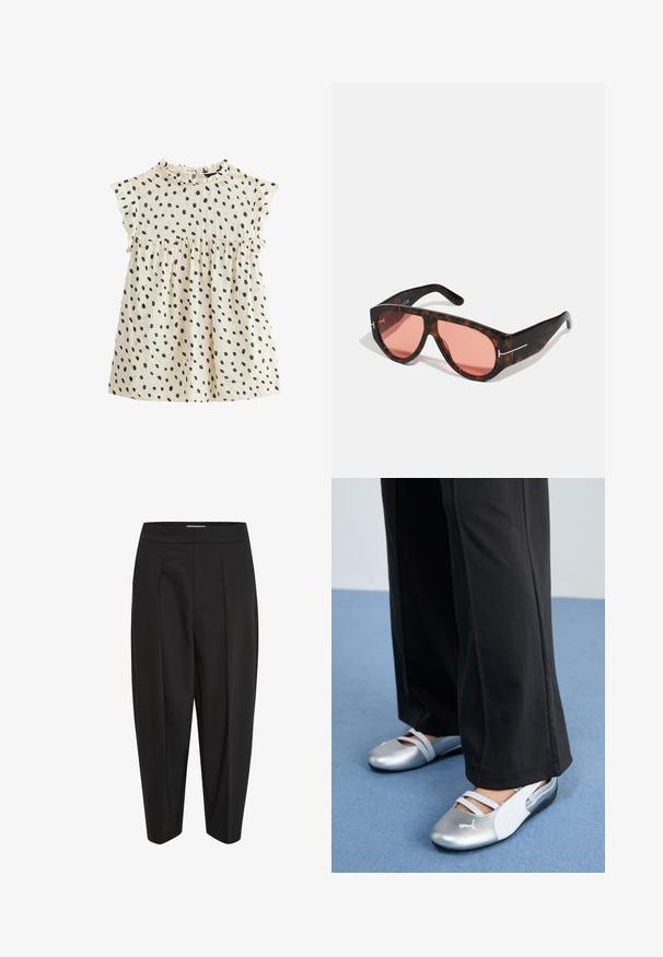 Katoenen jurk met korte, gerimpelde mouwen, crèmekleurige basis en verspreide zwarte stippen. Gepofte taille creëert een uitlopende vorm.; Zwarte broeken van een gladde stof, met een hoge taille, midden plooi en taps toelopende pijpen. Geen zichtbare zakken of versieringen.; Zilveren en witte platte schoenen met kruislingse banden en textuurdetails, aangevuld met losse zwarte broeken. Geplaatst tegen een blauwe vloer.; Tortoiseshell zonnebril met roze lenzen, met een gedurfde hoekige vormgeving en dunne zilveren hardwareaccenten op de montuur.