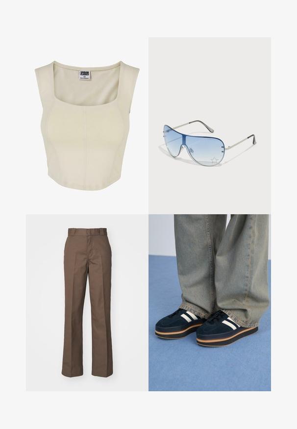 Krémový crop top vyrobený z mäkkej tkaniny s hranatým výstrihom, priliehavým strihom a minimálnym švom. Na etikete je napísané "Urban Classics."; Hnedé bavlnené nohavice so strihom rovného nohavice, s plochým predným dielom a pútkami na opasok. Hladká textúra, bez viditeľných vzorov alebo akcentov.; Tmavomodré semišové platformové tenisky s bielymi pruhmi a čiernymi šnúrkami. Majú hrubú hnedú gumovú podrážku. Nosia sa s svetlomodrými džínsami.; Pilotné slnečné okuliare s prechodovým modrým sklom, strieborným kovovým rámom a ozdobnými hviezdičkovými akcentmi na sklách. Hladký a elegantný dizajn.