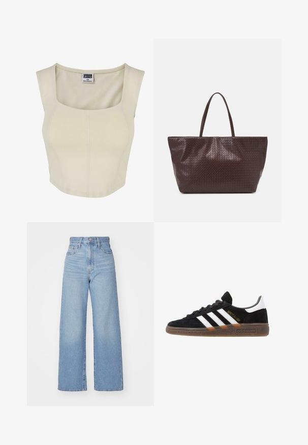 Kremowy crop top wykonany z miękkiego materiału, z kwadratowym dekoltem, dopasowanym krojem i minimalnymi detalami szwów. Metka głosi "Urban Classics."; Jasnoniebieskie jeansy z wysokim stanem i szerokimi nogawkami, z zapięciem na guziki i zamek z przodu, przednie i tylne kieszenie, na białym tle.; Czarny sneaker Adidas z białymi paskami, złotym napisem "Spezial", gumową podeszwą i białym elementem przy pięcie, przedstawiony w widoku z profilu.; Brązowa pleciona torba na ramię ze skórzanym wykończeniem, z dwoma uchwytami, o usztywnionym kształcie i teksturowanej powierzchni, z charakterystycznym wzorem w diamenty.