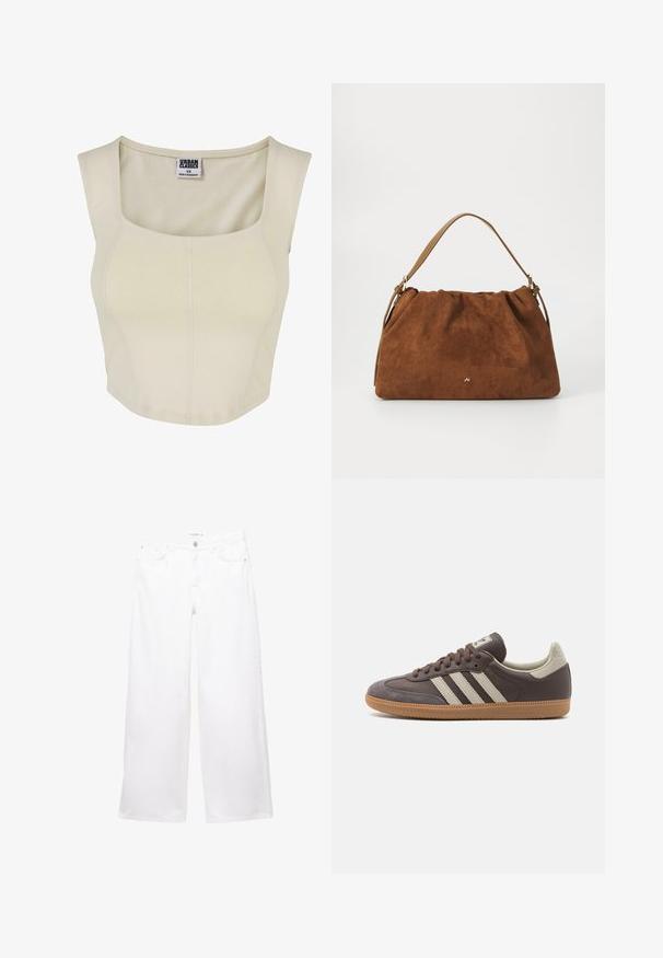 Krém színű rövid top puha anyagból, négyzet alakú nyakkivágással, karcsú fazonban és minimális varrási részletekkel. A címke szerint "Urban Classics."; Fehér, bőszárú farmernadrág sima textúrával. Gombbal és cipzárral záródik, két elülső és két hátsó zsebbel rendelkezik.; Barna bőrcipő három világos színű csíkkal, gumitalppal, kerek orral és texturált velúr díszítéssel a sarkán és az orrán.; Barna velúr kézitáska, gyűjtött kialakítással, egyetlen világosbarna bőrszíjjal és egy diszkrét arany logós részlettel az elején.