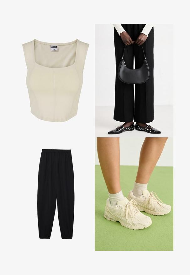 Cremfarbener Crop-Top aus weichem Stoff mit quadratischem Ausschnitt, figurbetontem Design und minimaler Nahtdetails. Das Etikett trägt die Aufschrift "Urban Classics."; Schwarze, leichte Hosen mit einem elastischen Bund und gerafften Knöcheln. Der Stoff ist glatt und hat ein entspanntes, schmal zulaufendes Design.; Helle braune Sneakers mit strukturiertem Stoff, abgerundeter Spitze und gepolsterter Sohle. Tragen mit beigefarbenen Knöchelsocken auf einer grünen Oberfläche.; Schwarze Leder-Schultertasche mit runder Form, glänzender Oberfläche und silbernem Beschlag. Person trägt schwarze weit geschnittene Hosen und Nieten-Loafers.