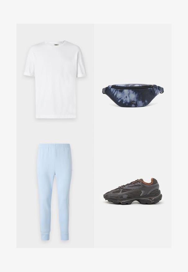 Bela bombažna majica s kratkimi rokavi, ovratnikom v krogu in zavitimi manšeti; brez okrasnih elementov, mehak pridih in ravna kroja.; Svetlo modri trenirki iz mehkega materiala, z elastičnim pasom in zoženimi manšetami. Brez vidnih vzorcev ali kovinskih dodatkov.; Lacoste teniske v temno sivi barvi z mrežasto in sintetično prevleko, s teksturiranim podplatom in rjavimi detajli na ovratniku ter blagovni znamki.; Fanny pack v temno modrem tie-dye potisku z zipom na vrhu, teksturirane materiala in izraženo logotipno podrobnostjo spredaj.