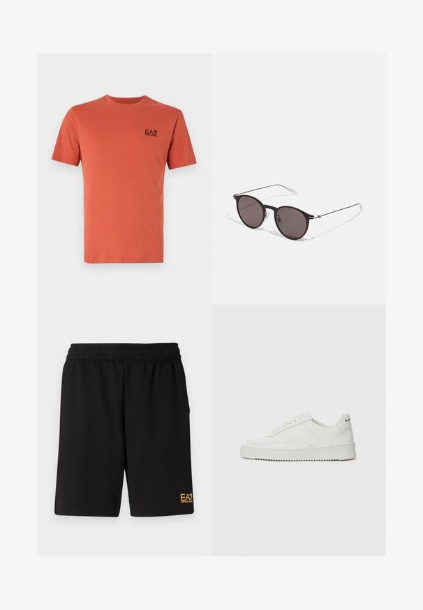 Kratka piedurkņu T-krekls rūsas krāsā, izgatavots no kokvilnas, ar apaļu izgriezumu un mazu melnu EA7 logotipu uz krūšu.; Melnas sporta šortus, kas izgatavoti no mīksta auduma, ar elastīgu jostu un mazu dzeltenu EA7 logo zem kreisā kājas stūra.; Baltas ādas sneakers ar gludu virsmu, apaļu pirkstu daļu, plakaniem šņorēm un teksturētu zoli. Satur diskrētu logotipu uz papēža.; Melni apaļi saulesbrilles ar tumšiem lēca un plānām metāla stangām. Iekļautas caurspīdīgas tempļu galviņas un sudraba akcenti pie eņģes. Minimalistisks dizains.