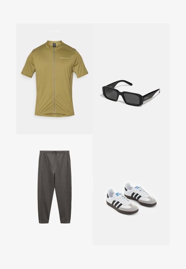 Maglia da ciclismo a maniche corte di colore verde oliva, con zip frontale completa. Presenta un colletto rialzato e un logo discreto sul lato sinistro superiore.; Pantaloni da jogging grigi realizzati in tessuto morbido, dotati di elastico in vita, tasche laterali e un design a gamba affusolata.; Scarpe sportive con tomaia in pelle bianca, punta in suede grigia e tre strisce nere. Presentano un logo blu sulla linguetta e una suola in gomma testurizzata.; Arnette THEKIDD UNISEX - Occhiali da sole - black