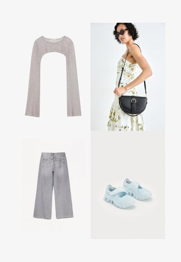 Zilveren lange mouwen top met een ronde hals en een uitsnede eronder. Gemaakt van gestructureerde stof, met een aansluitend ontwerp en uitlopende mouwen.; Bershka WIDE-LEG - Wide leg - grey; Lichtblauwe sneakers met mesh-stof, opvallende uitsparingen in de zool en een klittenbandsluiting bovenop voor een stevige pasvorm.; Zwarte leren handtas met een gebogen vorm, afneembare schouderband en gouden hardware. De tas heeft een klep met een gespsluiting.