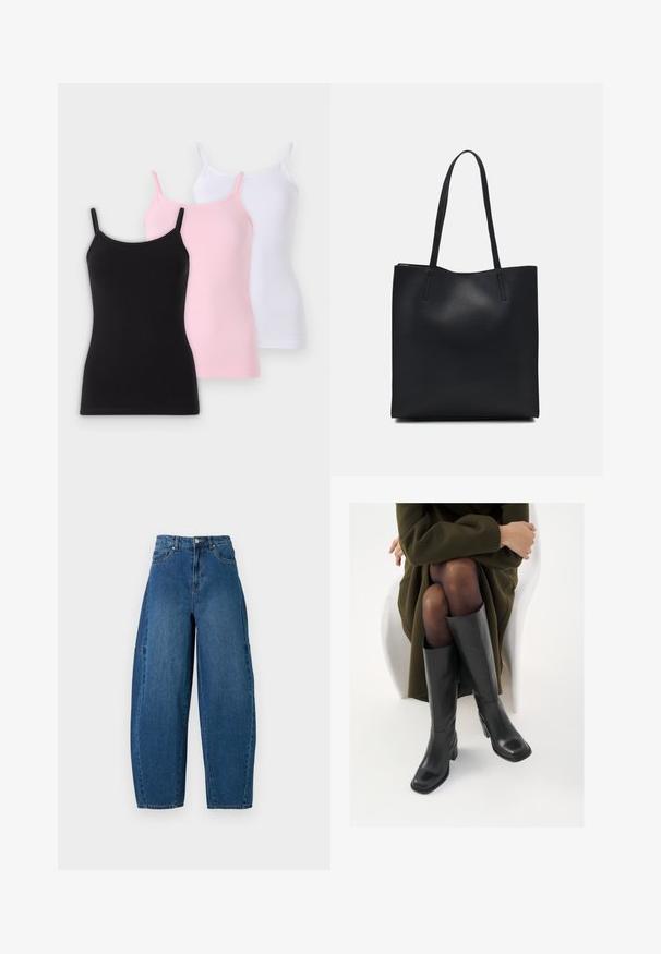 Tri majice brez rokavov v črni, roza in beli barvi, ki imajo tanke naramnice, prilegajoč kroj in mehak tekstilni material.; Jeans iz denima v srednjem modrem pranju, z visokim pasom, širokim krojem nogavic in standardnim pet-imenskim dizajnom s vidnimi šivi.; Črne usnjene čevlje do kolen s kvadratnim prstom in blok peto, prikazani na modelu, ki sedi v olivno zeleni plašču. Gladka tekstura, minimalne podrobnosti.; Črna usnjena torba s svilnato teksturo, pravokotne oblike in dvema dolgima ročajema. Brez vidnih metalnih delov ali okrasnih elementov.