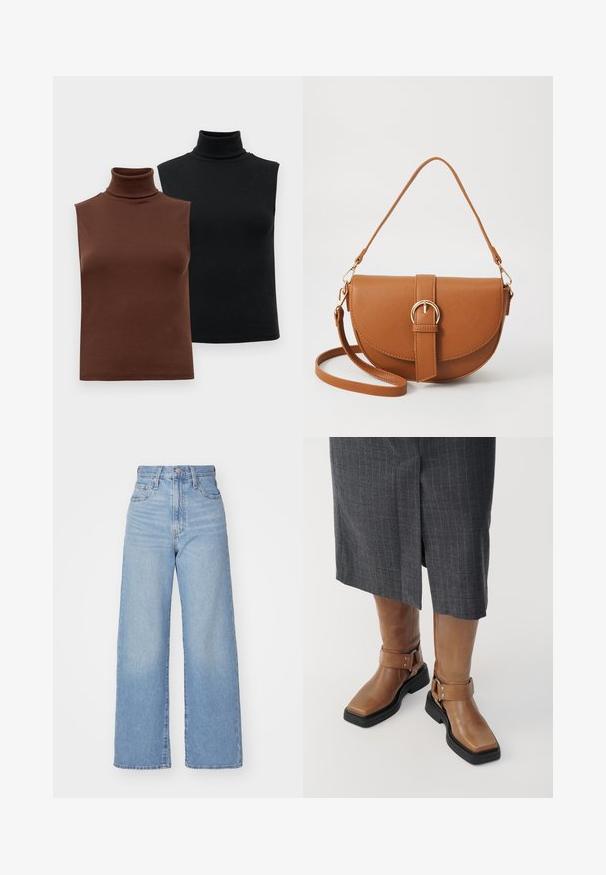 Dve brezrokavne rebraste majice s turtleneck ovratnikom v rjavi in črni barvi, prikazane na enotni beli podlagi.; Svetlo modri visokorasli široki traper hlače z sprednjim gumbom in zadrgo, sprednjimi in zadnjimi žepi, na belem ozadju.; Rjave usnjene škornje do kolen s kvadratnim nosom, črnimi gumijastimi podplati in nastavljivim detajlom z zaponko. Oblečeni so z sivo krilnico s črtami.; Rjava usnjena torbica prek telesa s ukrivljeno obliko, zlate opreme in sponko. Ima odstranljiv naramni trak.