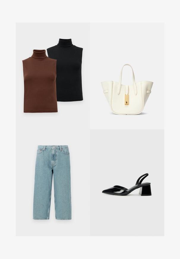 Duas blusas de gola alta caneladas sem mangas, uma em castanho e outra em preto, exibidas num fundo branco liso.; Shorts de denim azul claro com cintura alta, corte reto e bainha desfiada. Apresenta um fecho clássico de botão e zipper, além de quatro bolsos.; Sandy em verniz preto com salto slingback, ponta afilada e salto geométrico. Apresenta um design elegante e minimalista com textura suave.; Mala tote de couro branco com uma forma estruturada, costura proeminente, etiqueta de metal dourado e alças duplas. Superfície texturizada com bolsos laterais.
