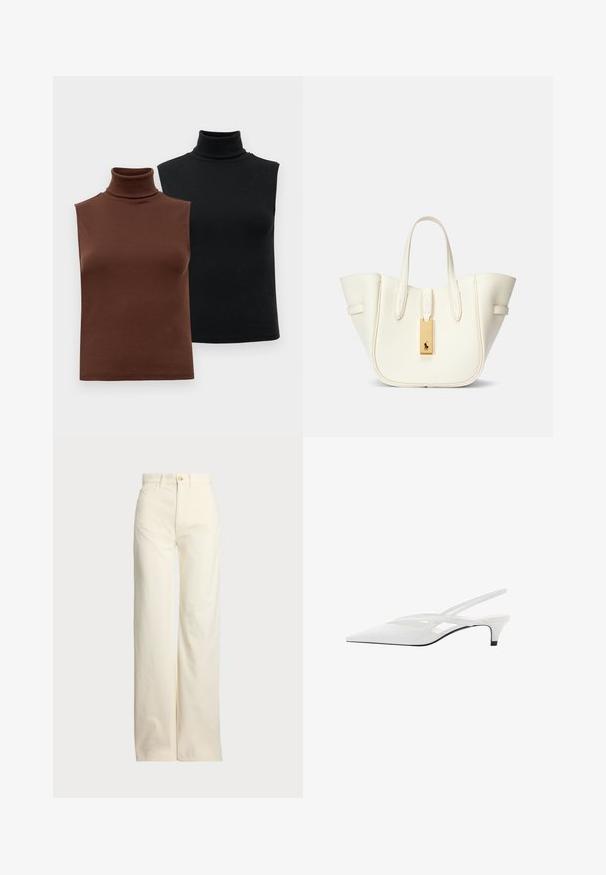 Dve bezrukávové rebrované rolákové topy v hnedej a čiernej farbe, zobrazené na plain bielom pozadí.; Polo Ralph Lauren COTTON CORDUROY WIDE-LEG PANT - Nohavice - warm white; Biele slingback podpätky s špicatou špičkou, s hladkým zvrškom, jemnými výrezmi a nízkym blokovým podpätkom. Čierna podrážka zvýrazňuje dizajn.; Biela kožená kabelka s pevnou štruktúrou, výrazným prešívaním, zlatým kovovým štítkom a dvojitými uchami. Textúrovaný povrch s bočnými vreckami.