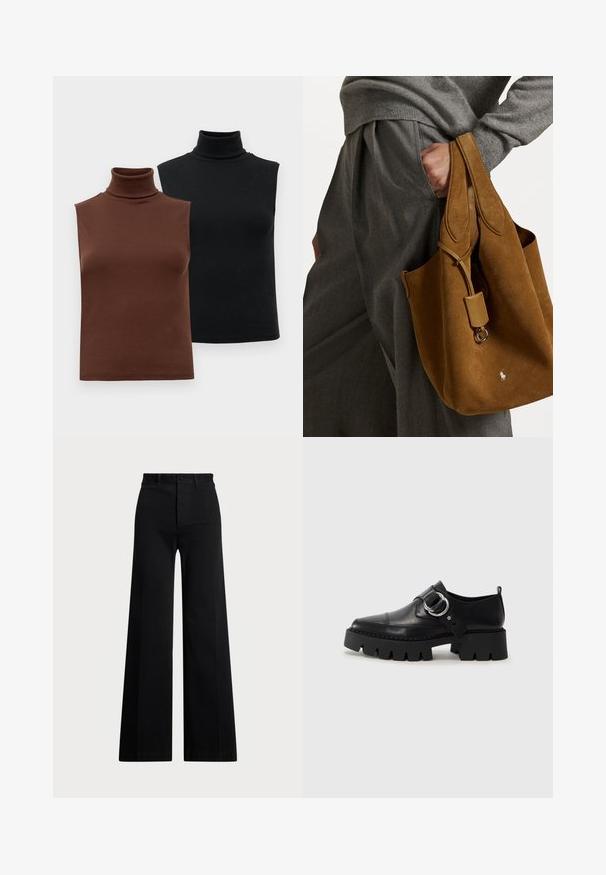 Két ujjatlan, bordázott garbó felső barna és fekete színben, egy sima fehér háttéren kiállítva.; Fekete, bő szárú nadrág szőtt anyagból, magas derékkal, elől gombos záródással és oldalzsebekkel. Simává textúrával és letisztult vonalakkal.; Fekete bőr cipők tömzsi, bordázott talppal, kerek ezüst hardware díszítéssel és minimális varrási részletekkel.; Barna velúr táska lekerekített formával, dupla fogantyúval és fém részlettel. Az elején egy kis logó található.