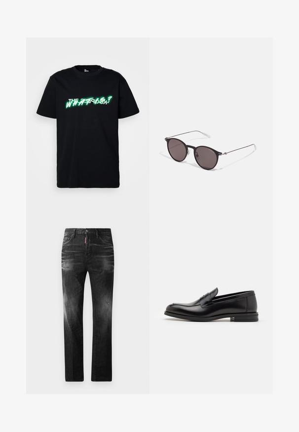 Black cotton t-shirt featuring bold green and white graphic text that reads "WHAT IS?" along the front. Crew neck and short sleeves.; Black denim jeans with a straight fit. Features faded areas, minor distressing, classic five-pocket design, and a button closure.; Black leather loafers with a smooth texture, rounded toe, and a decorative strap across the vamp. Low stacked heel, minimalist design.; Black round sunglasses with dark lenses and slim metal arms. Includes clear temple tips and silver accents at the hinge. Minimalist design.