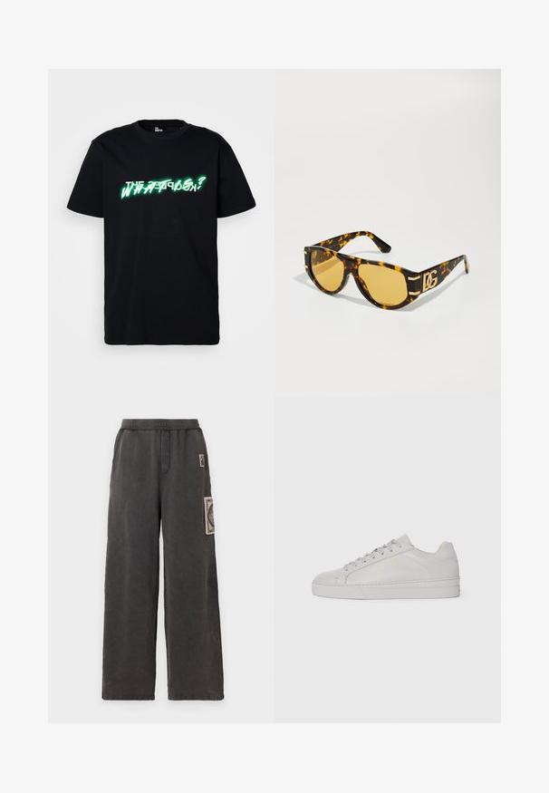 Must musta t-särk, millel on julge roheline ja valge graafikatekst "MIS ON?" ees. Ümar kaelus ja lühikesed varrukad.; Tumed hallid laiad püksid, millel on dekoratiivne plaastriga esikott ja mugavuse tagamiseks elastne vöökoht.; Heled hall nahk-sneaker sileda tekstuuriga, ümar varvas, lame kummitald ja sama tooni lipsud. Minimalistlik kuldne bränding.; Konnuspruunid prillid kollaste läätsedega, ristkülikukujuline kuju ja kuldsetes toonides riistvaraaktsendid tempelitel, millel on logo.