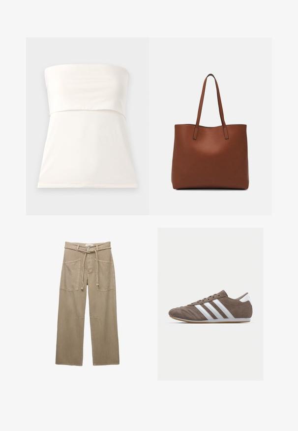 Top alb fără bretele fabricat dintr-un material neted și elastic. Prezintă un corset ajustat, o cusătură sub sâni și o margine dreaptă. Design minimalist.; Pantaloni largi bej, confecționați dintr-un material durabil, având buzunare mari în față, o curea împletită și detalii subtile de cusătură.; Pantof pentru sport din suede maro, cu dungi albe, vârf rotund, design cu șireturi și talpă din cauciuc natural. Suprafață texturată cu detalii de cusătură.; Geantă de umăr din piele maro cu o textură netedă, design cu vârf deschis și două curele pentru umăr. Prezintă cusături minime și fără componente metalice vizibile.