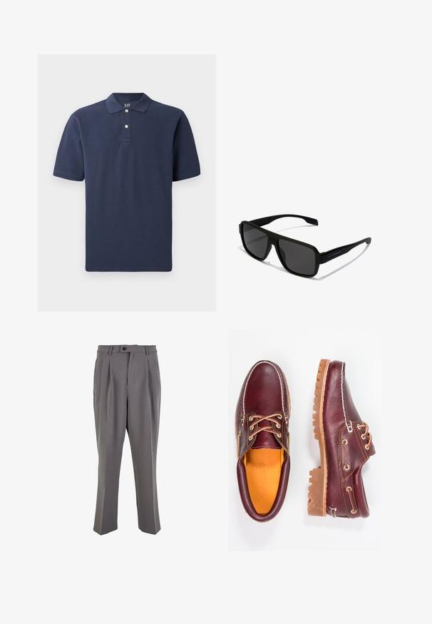 Tumman sininen puuvillapaita, jossa on kolme nappia, lyhyet hihat ja teksturoitu pinta. Minimalistinen muotoilu, ei kuvioita.; Harmaat pleated-housut, jotka on valmistettu sileästä kankaasta, suoran leikkauksen omaavat, yksittäisellä napilla suljettavat ja vyölenkeillä varustetut. Minimalistinen muotoilu.; Burgundin nahkakengät ruskeilla kumipohjilla, pyöreällä kärjellä, valkoisella ompelulla ja kultaisilla nauha-aukkoilla. Sisäpuolella on keltainen vuori.; Hawkers PARLAY - Aurinkolasit - black