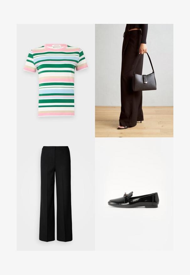 Korte mouwen T-shirt van biologisch katoen met horizontale strepen in groen, roze, blauw en beige. Ronde halslijn en een relaxte pasvorm.; Zwarte wijde broek van een gladde stof, met een hoge taille, nauwkeurig gestikte naden en een minimalistisch ontwerp. Geen zichtbare hardware of zakken.; Zwarte gepatenteerde leren loafer met een vlakke zool, ronde teen en een decoratieve band met een gouden accen. Gladde, glanzende afwerking.; Zwarte handtas met gestructureerde vorm, gladde textuur en een metalen sluiting. Gecombineerd met brede zwarte broeken en sandalen met open teen op een houten vloer.