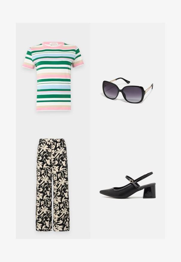 T-shirt à manches courtes en coton biologique avec des rayures horizontales vertes, roses, bleues et beiges. Encolure ras du cou et coupe décontractée.; Pantalon large noir avec un motif floral crème. Fabriqué en tissu léger, il présente une texture lisse et une taille haute.; Escarpins slingback en cuir verni noir avec un embout pointu, un design à découpes arrondies et un talon carré. Présente un accent de boucle en ton doré.; Lunettes de soleil noires surdimensionnées avec des verres dégradés, monture épaisse et détails en chaîne dorée sur les branches.; Sac à main noir à la forme structurée, texture lisse et fermoir métallique. Associé à un pantalon noir ample et des sandales ouvertes sur un sol en bois.