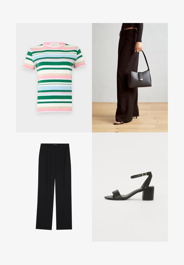 Tričko s krátkym rukávom z organickej bavlny s horizontálnymi pruhmi v zelenej, ružovej, modrej a béžovej farbe. Okrúhly výstrih a voľný strih.; Čierne nohavice so strihom rovného nohu, s dvoma prednými vreckami a pásom. Vyrobené z hladkej, ľahkej textílie.; Čierne sandále na podpätku so hladkým koženým vrchom, otvorenou špičkou, širokými prednými prúžkami a nastaviteľným členkovým popruhom so zlatým prackom.; Čierna kabelka so štruktúrovaným tvarom, hladkou textúrou a kovovou sponou. V kombinácii so širokými čiernymi nohavicami a sandálmi s otvorenou špičkou na drevenej podlahe.