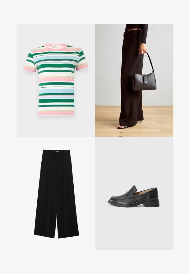 Rövid ujjú póló organikus pamutból, zöld, rózsaszín, kék és bézs vízszintes csíkokkal. Kerek nyakkivágás és laza fazon.; Fekete, bő szárú nadrág, texturált anyagból, rugalmas derékpánttal és levehető sállal a derekán, amely állítható illeszkedést biztosít.; Fekete bőr loaferek alacsony sarokkal, varrott mintával és slip-on stílussal, sima fehér háttér előtt.; Fekete kézi táska strukturált formával, sima textúrával és fémből készült záródással. Széles fekete nadrággal és nyitott orrú szandállal párosítva, fából készült padlón.