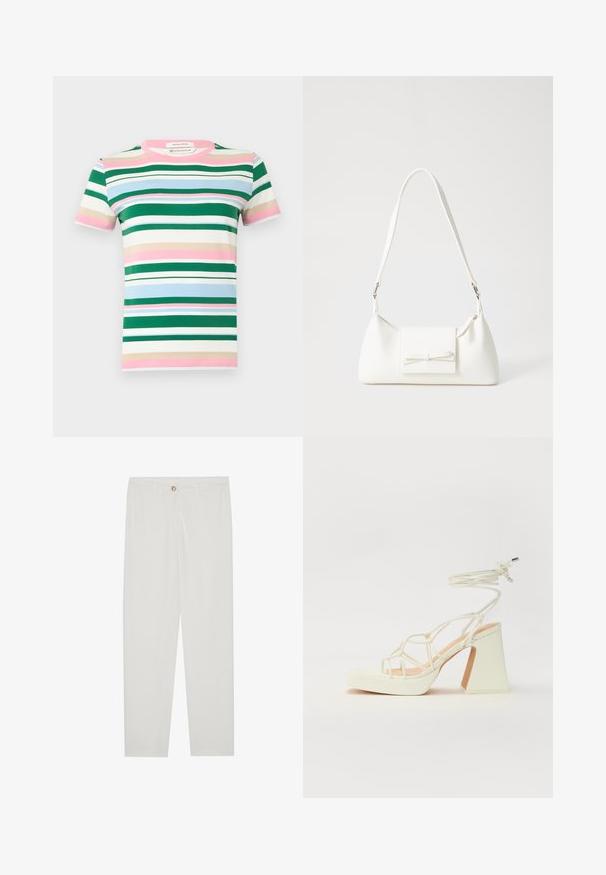 T-shirt med kort ärm i ekologisk bomull med horisontella ränder i grön, rosa, blå och beige. Rund halsringning och avslappnad passform.; Vita, skräddarsydda byxor med rak benform, med knappstängning, bältesslingor och sidofickor; mjuk tygtextur.; Vit högklackad sandal med en kraftig klack, med ett remdesign och ankelband. Slät textur med en plattform framtill för ökad höjd.; Vit syntetisk handväska med triangulär form, platt framklaff och rosettdetalj, justerbar rem, slät textur och minimalistisk design.