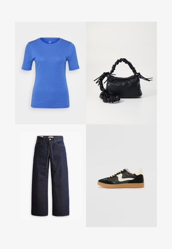 Blue short-sleeve t-shirt made of soft cotton. Features a round neckline and a solid color without patterns or accents.; Wide-leg dark blue denim jeans with a high waist, featuring a drawstring tie, five pockets, and contrasting stitching details.; Black suede and leather sneaker with a cream side swoosh and light cream heel. Features beige laces and a gum rubber outsole.; Black faux leather handbag with a crocodile texture, cinched top, and a scrunched strap. Appears soft and compact in design.