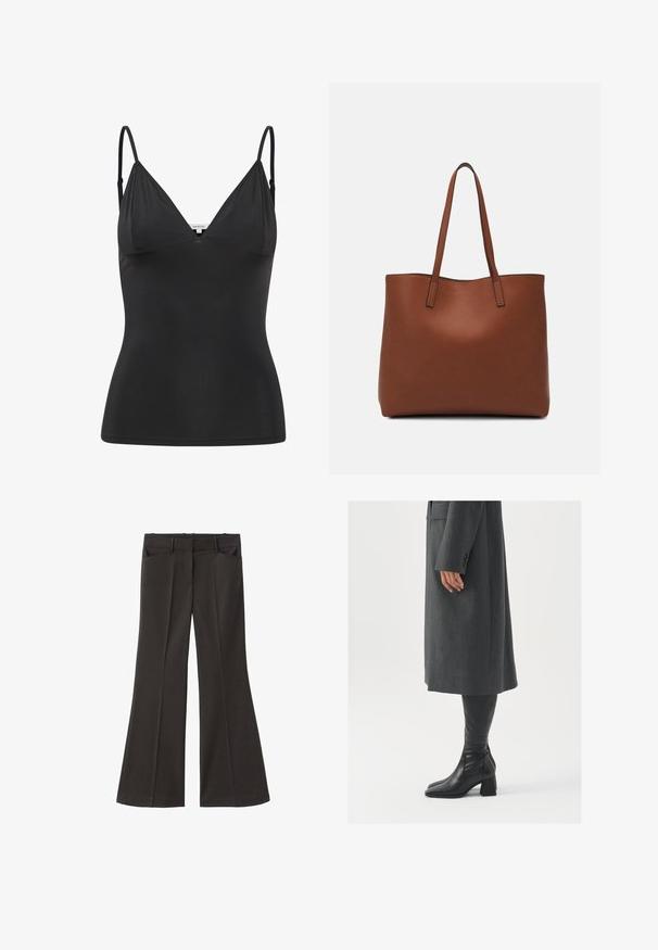 Zwarte, getailleerde camisole met verstelbare dunne spaghettibandjes, V-hals, naadloos ontwerp en een zachte textuur. Gemaakt van een zachte, rekbare stof.; Zwarte flared broek met een hoge taille; beschikt over twee voorkeurszakken en een gladde stoftextuur. Geschikt voor verschillende gelegenheden.; Grijze, op maat gemaakte overjas met een rechte snit; gecombineerd met kniehoge zwarte leren laarzen met een vierkante neus en chunkyerand.; Bruine leren tote bag met een gladde textuur, een ontwerp met een open bovenkant en twee schouderbanden. Kenmerkt zich door minimale stiksels en geen zichtbare hardware.