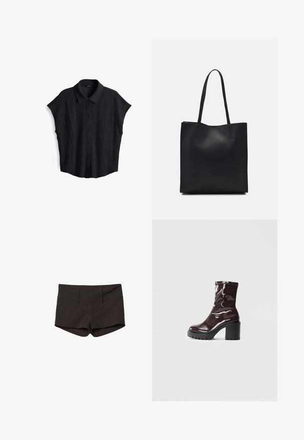 Biscotto a maniche corte nera con tessuto testurizzato, chiusura a bottoni e colletto. Presenta una vestibilità rilassata e un sottile motivo a coste in tutto il capo.; Pantaloni corti neri in cotone con un design aderente, caratterizzati da una texture liscia e due tasche frontali. Vita a media altezza e senza motivi visibili.; Stivale alla caviglia bordeaux lucido con un tacco spesso nero, caratterizzato da una superficie liscia e un design semplice. Nessuna chiusura visibile o motivo.; Borsa tote in pelle nera con texture liscia, forma rettangolare e due manici lunghi. Nessun hardware o decorazione visibile.