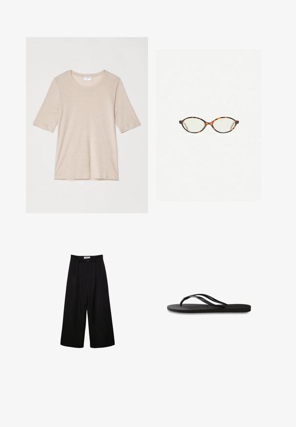 Filippa K ELENA TEE - T-shirt basic - taupe; Pantaloni neri a gamba larga con vita alta, fronte pieghettato e chiusura con bottone. Realizzati in tessuto morbido con un design sartoriale.; Infradito neri con suola in gomma testurizzata, due cinghie sottili e un sottile dettaglio del logo impresso sulla cinghia.; Occhiali in tartaruga con lenti ovali e una finitura liscia e elegante. Presentano aste sottili con una leggera curva alle tempie. Lenti trasparenti.; Pieces PCALUANA SHOULDER BAG - Borsa a mano - black