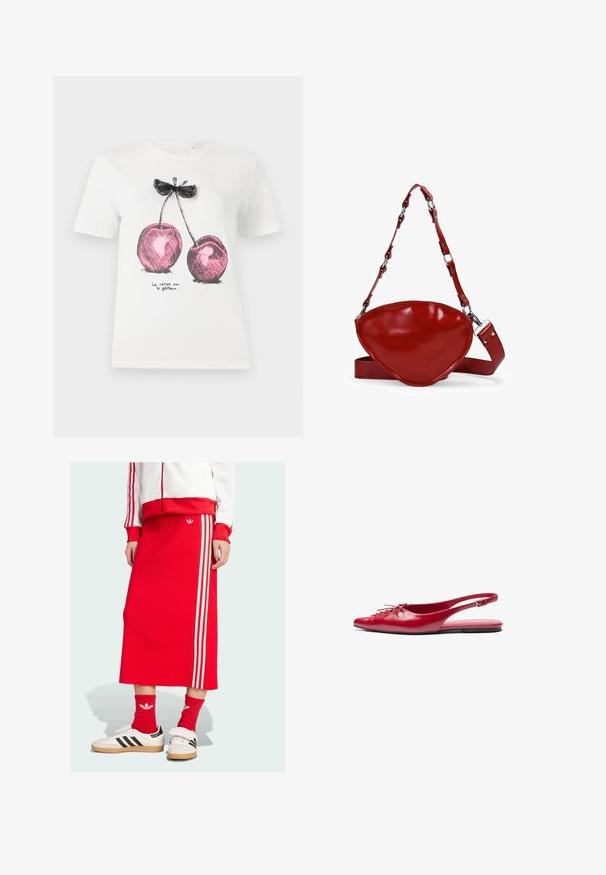 White cotton t-shirt featuring pink cherry graphic with black accents and bow detail, with "La cerise sur le gâteau" text at the bottom.; Red knit midi skirt featuring three white stripes along the side, paired with white sneakers and red socks, showcasing a sporty design.; Red leather slingback flat shoe with a pointed toe and a decorative lace-up detail on the front, featuring a slim ankle strap and flat sole.; Red leather bag with a unique curved shape, featuring a chain-accented strap and a smooth, glossy texture. Adjustable strap included.