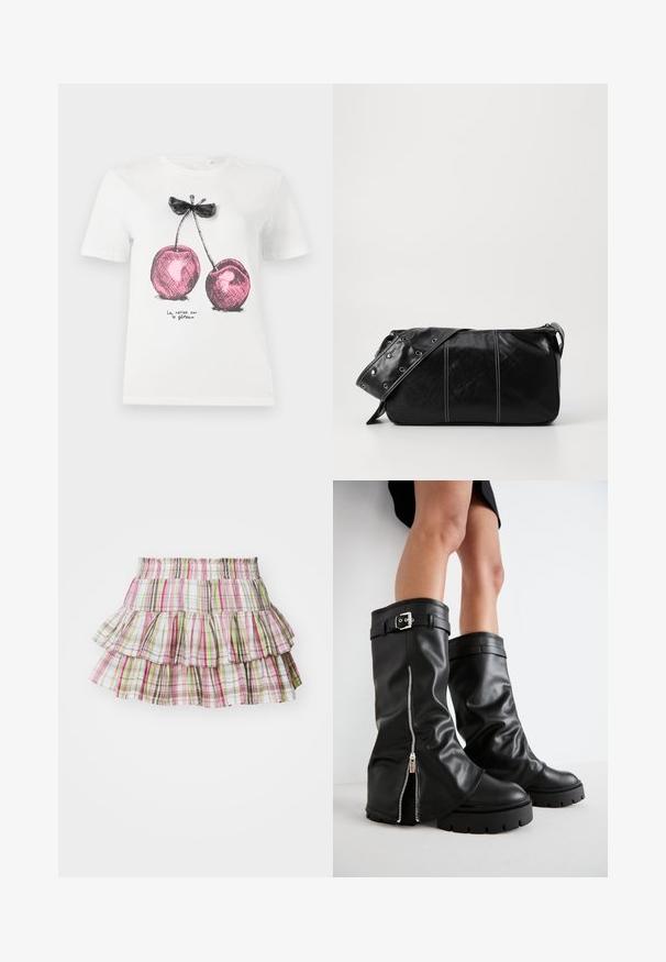 T-shirt en coton blanc avec un graphique de cerises roses et des accents noirs, accompagné d'un détail en forme de nœud, avec le texte "La cerise sur le gâteau" en bas.; Jupe plissée avec une taille élastique, présentant un motif à carreaux dans des teintes de rose, vert et marron. Matière en coton léger.; Bottes en cuir noir montantes avec une tige large, dotées d'une fermeture éclair sur le côté et d'un accent de boucle, finition texturée et semelle en caoutchouc épaisse.; Sac à épaule en cuir noir avec une fermeture éclair, doté d'un corps texturé, de coutures blanches et d'une sangle avec des œillets en argent.