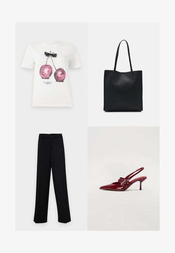 White cotton t-shirt featuring pink cherry graphic with black accents and bow detail, with "La cerise sur le gâteau" text at the bottom.; Black wide-leg trousers made of smooth fabric, featuring a classic waistband with a button closure and front pleats.; Red patent leather slingback heels with a pointed toe, two buckle straps, and a slim, mid-height stiletto heel. Smooth texture.; Black leather tote bag with smooth texture, rectangular shape, and two long handles. No visible hardware or embellishments.