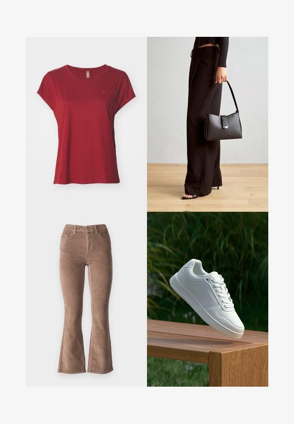 ONLY Play ONPAUBREE LIFE ON BAT LOOSE - Bluză sport - sun-dried tomato; Pantaloni evazați din catifea mare maro, cu o textură în pânză, având talie înaltă, cinci buzunare și închidere cu buton în față.; Sneaker alb cu un upper sintetic neted, cu vârf perforat, șireturi plate și o talpă texturată, expus pe o suprafață de lemn.; Genți negre cu o formă structurată, textură netedă și un închizător metalic. Asortată cu pantaloni negri largi și sandale cu vârf deschis pe un podea din lemn.