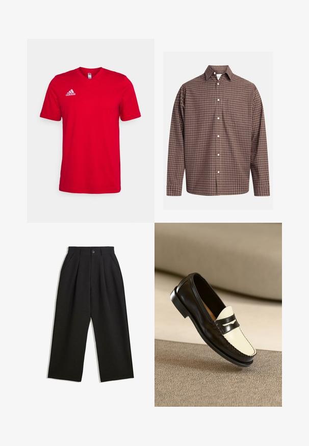 Crvena pamučna majica s kratkim rukavima, dizajn u obliku slova V, i bijeli Adidas logo na lijevoj strani prsnog koša. Glatka tekstura, bez vidljivih uzoraka.; Smešani smešasti karirani košulja s dugim rukavima, koja ima džep na prsima i bijele gumbe na teksturiranom materijalu.; Crne hlače opuštenog kroja, sa plisama sprijeda, bočnim džepovima i gumbom za zatvaranje. Izrađene od teksturirane tkanine.; Crne kožne mokasine s vampom boje kreme i crnim akcentnim trakama, s niskim potplatom i detaljnom šavom duž rubova.