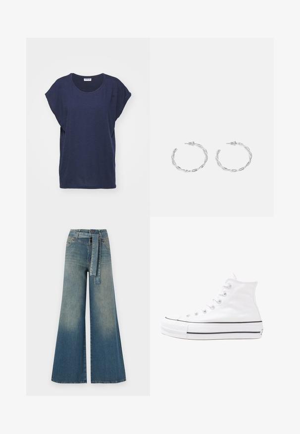 Tamsiai mėlyna trumpa rankovė marškinėlių, pagaminti iš minkštos medžiagos, su apvalia iškirpte ir laisvu siluetu, su šoninėmis plyšiais, užtikrinančiais komfortą ir lengvą judėjimą.; Platus džinsinis kelnes su šviesiai tamsiai mėlynu gradientu, aukštu juosmeniu, diržo kilpomis ir atitinkančiu audinio diržu. Textūruotas džinsinis paviršius.; Balti aukštakulniai drobės sportbačiai su juodu guminio pado, priekinio guminio piršto dangteliu ir šešiais akytėmis raištams, pasižymintys švariu, minimalistiniu dizainu.; Sidabriniai auskarai žiedai su sukto dizaino, turintys poliruotą apdailą ir fiksavimo smeigtuką. Skersmuo maždaug 3 cm.