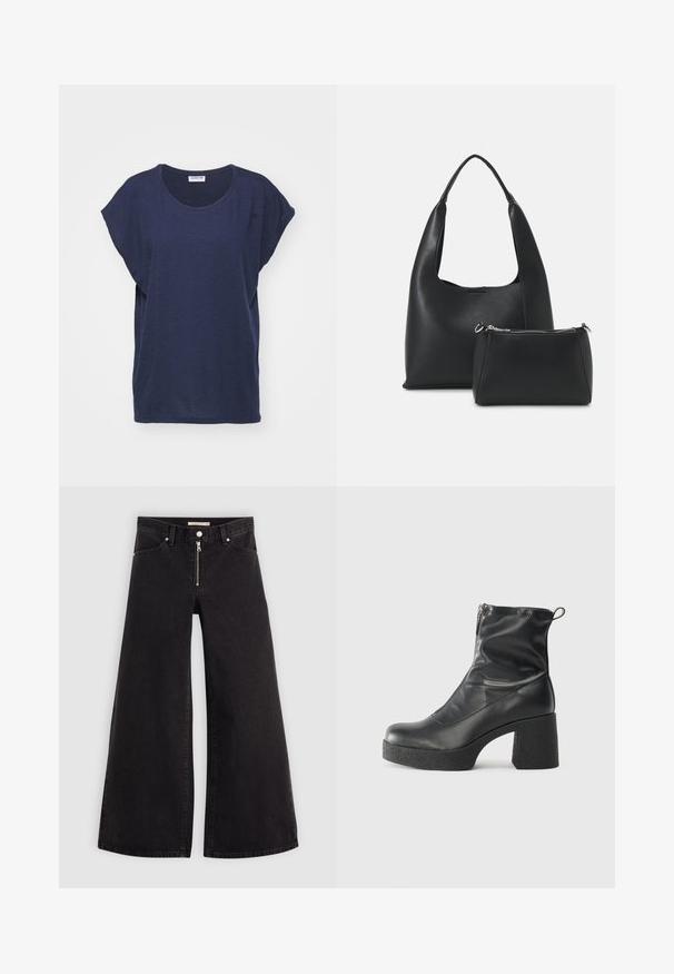 Tumed sinine lühikeste varrukatega T-särk, mis on valmistatud pehmest kangast, ümarate kaelaaukudega ja lõdva istuvusega, külje lõhedega mugavuse ja liikumisvabaduse tagamiseks.; Laiad teksad mustast denimist, millel on lukuga eesmine osa, viie taskuga disain ja peened õmblusdetailid. Sile tekstuur ja juhuslik stiil.; Mustad mustad ansapüksid, mis on valmistatud siledast nahast, külje zipperiga, paksu tekstuuriga kontsaga ja ümmarguse nina disainiga.; Even&Odd Käekott - black