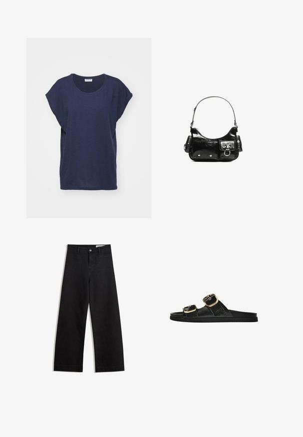Tengerész kék rövid ujjú póló, puha anyagból készült, kerek nyakú, laza szabású, oldalhasítékokkal a kényelem és a szabad mozgás érdekében.; Fekete, bő szabású farmernadrág magas derékkal, elülső és hátsó zsebekkel, varrott felületekkel és gombos záródással. Sima textúra.; Fekete csúszó szandál, két arany csattal, sima textúrájú anyagból, lapos talppal és minimalista dizájnnal.; Fekete lakkbőr kézitáska ívelt formával, egy vállpánttal, elülső zsebekkel és ezüstszínű fémrészletekkel.