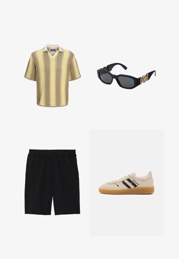 Polo s krátkym rukávom pletený v béžovej, krémovej a žltej pruhovanej kombinácii. Dizajn s výstrihom do V a kontrastným golierom, vyrobený z textúrovanej látky.; Čierne bavlnené šortky s elastickým pásom, dvoma postrannými vreckami, vo voľnom strihu a nezaoblenými okrajmi na leme pre neformálny vzhľad.; Béžové semišové tenisky s čiernymi pruhmi a textom "Spezial", majú textúrovanú gumenú podrážku a klasický šnurovací dizajn.; Čierne slnečné okuliare s masívnym geometrickým rámom, tmavými šošovkami a zlatými kovovými akcentmi na stranách, ktoré majú okrúhly emblém.