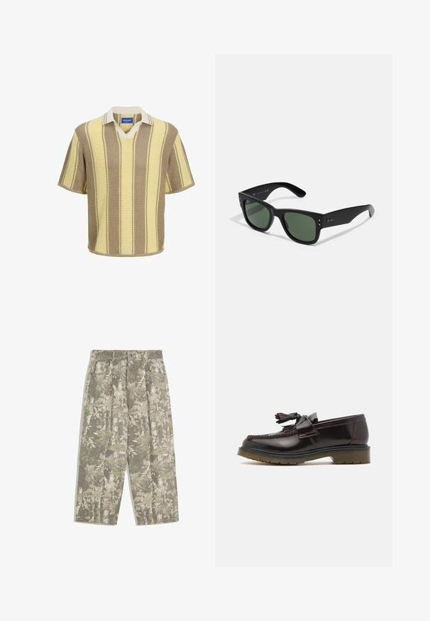 Korte mouw gebreide polo in beige, crème en gele strepen. V-hals ontwerp met contrasterende kraag en gestructureerde stof.; Cargo broek met wijde benen in een groen en beige camouflagepatroon van bladeren en schors, met voorzakken en riemlussen.; Bruine leren instappers met een geweven ontwerp, een kwastje en een platte rubberen zool. Beschikt over een gladde afwerking en contrasterende stiksels.; Zwarte rechthoekige zonnebril met groene lenzen, matte afwerking, subtiele hardwareaccenten en een gegraveerd logo op de slaap.