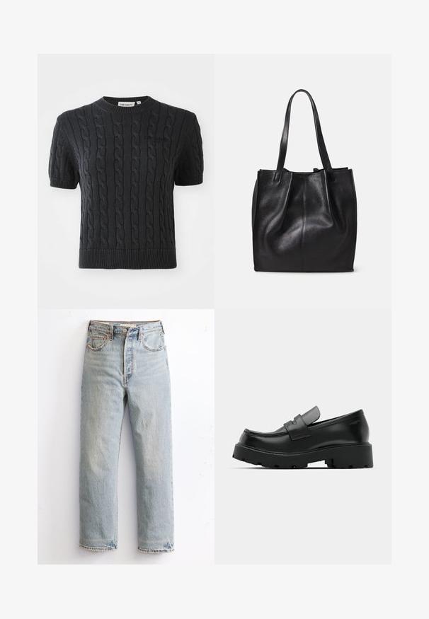 Short-sleeve black knitted sweater featuring a cable pattern, ribbed crew neckline, and a subtle brand logo embroidered on the chest.; White button-up shirt with a collar and long sleeves, paired with black wide-leg trousers and shiny black shoes. Smooth fabric, relaxed fit.; Light blue denim jeans with a straight leg design, featuring distressed hem, copper rivets, and a classic five-pocket style.; Black leather loafers with a chunky textured sole, featuring a strap over the vamp and smooth, polished finish.; Black leather tote bag with textured surface, single compartment, and two long handles. Soft, unstructured shape with no visible hardware.