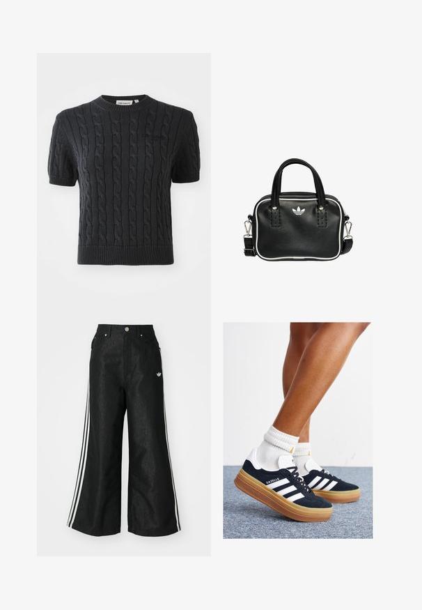 Schwarzer, kurzärmeliger Strickpullover mit einem Zopfmuster, geripptem Rundhalsausschnitt und einem dezenten, auf der Brust gestickten Markenlogo.; Schwarze, weit geschnittene Jeans mit drei weißen Streifen an jeder Seite und einem kleinen weißen Logo. Mit vorderen Taschen und einem Knopfverschluss.; Schwarze Wildledersneaker mit weißen Streifen und Akzenten, rundlicher Zehenbereich, Sohlen aus braunem Gummi, kombiniert mit weißen, gerippten Sneakersocken.; Schwarze Lederhandtasche mit zwei kurzen Griffen, silbernem Zubehör, weißen Akzenten und einem weißen Logo. Verfügt über eine strukturierte Oberfläche und ein kompaktes Design.