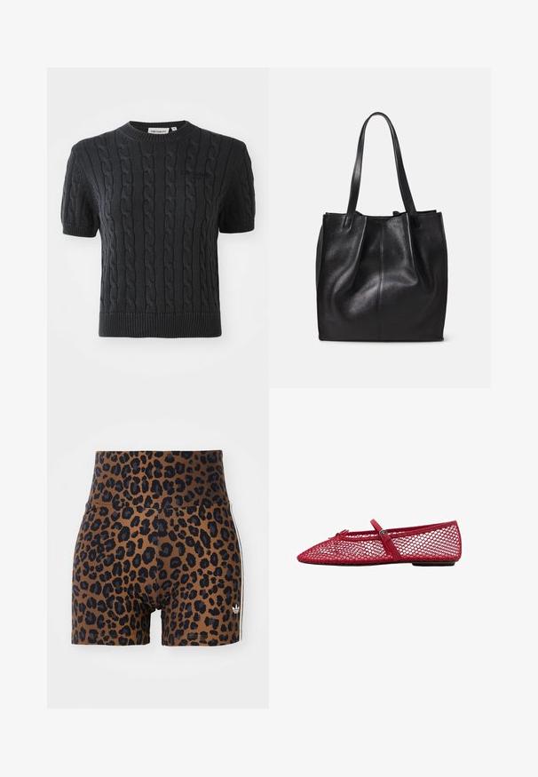 Černý pletený svetr s krátkým rukávem, který nabízí vzor s copánky, žebrovaný kulatý výstřih a decentní logo značky vyšívané na hrudi.; Kraťasy s leopardím vzorem v hnědé a černé barvě, se širokým pasem a jemnými bílými postranními pruhy, vyrobené z pružného materiálu.; Červené síťované baletní lodičky s špičatou špičkou, které mají tenký pásek a detaily s přezkou. Vrchní část má otevřený vzor včelí plástve.; Černá kožená taška přes rameno s texturovaným povrchem, jedním oddělením a dvěma dlouhými uchy. Měkký, nestrukturovaný tvar bez viditelného kovového spojení.