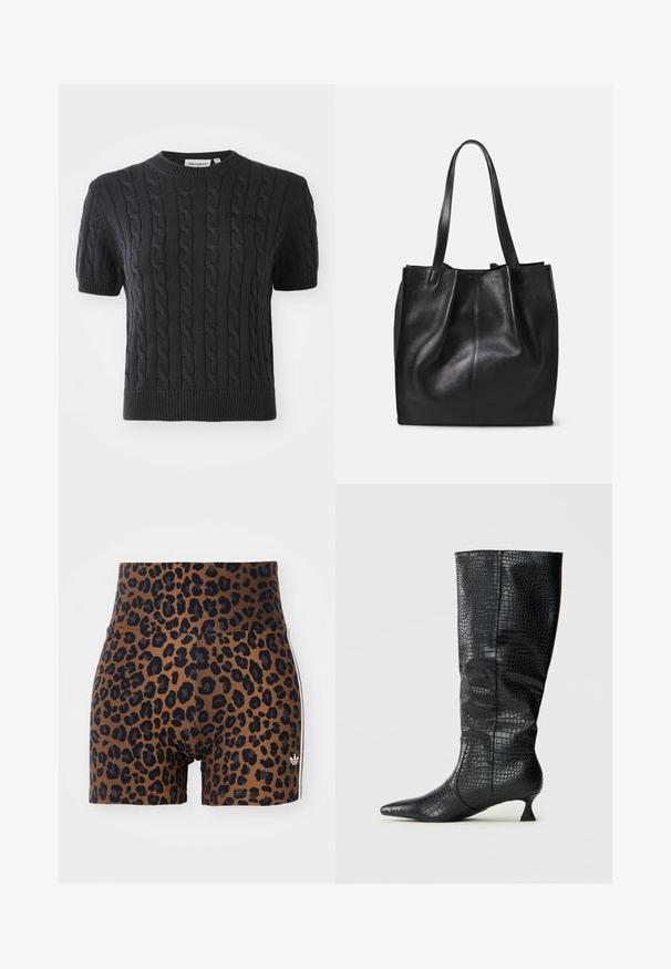Czarny sweter z krótkim rękawem, wykonany z dzianiny, z warkoczowym wzorem, prążkowanym dekoltem typu crew i subtelnym haftem z logo marki na piersi.; Krótki spodenki w panterkę w kolorze brązowym i czarnym, z wysokim pasem i subtelnymi białymi paskami po bokach, wykonane z elastycznego materiału.; Kozaki czarne z sztucznej skóry sięgające do kolan, z błyszczącą teksturą krokodyla, spiczastym noskiem i smukłym, kanciastym obcasem. Klasyczny design i elegancka sylwetka.; Czarna skórzana torba typu tote z fakturowaną powierzchnią, pojedynczą komorą i dwoma długimi uchwytami. Miękka, nienaformowana forma bez widocznych metallicznych elementów.