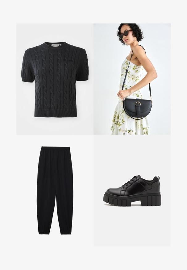 Sweater de malha preta de mangas curtas com padrão de tranças, decote redondo canelado e um discreto logo da marca bordado no peito.; Calças pretas, leves, com um cinto elástico e punhos franzidos. O tecido é suave e apresenta um design relaxado e afunilado.; Sapatos de plataforma em couro preto com um salto bloco robusto, bico redondo e design clássico de atacadores. Apresentam uma textura suave e detalhes mínimos.; Bolsa de couro preta com forma curva, alça destacável e detalhes em dourado. A bolsa possui uma aba com detalhe de fivela.